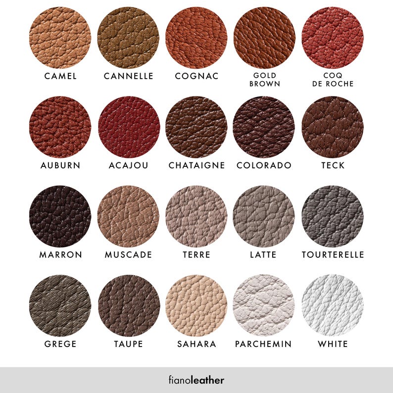 May include: A chart of 20 different leather colors, each color is represented by a circle with a textured leather surface. The colors range from light brown to dark brown, with some red and gray tones. The names of each color are listed below the circles in English and French.