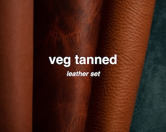 Könnte beinhalten: Nahaufnahme von drei verschiedenen Brauntönen von Leder, mit dem Text "veg tanned leather set" in Weiß.