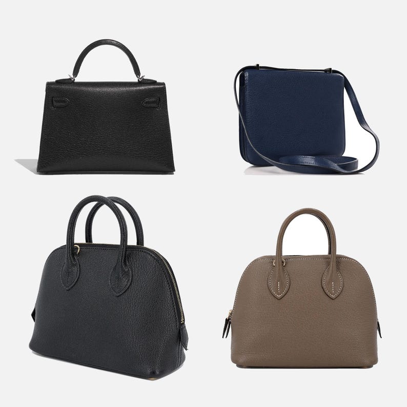 May include: Four different leather handbags in various colors and styles. The handbags are all closed and have a variety of handles and straps.