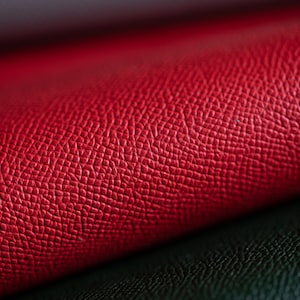 May include: Close-up of red and dark green leather material. The red leather is textured with a fine, repeating pattern. The dark green leather is visible in the lower portion of the image, creating a contrast.