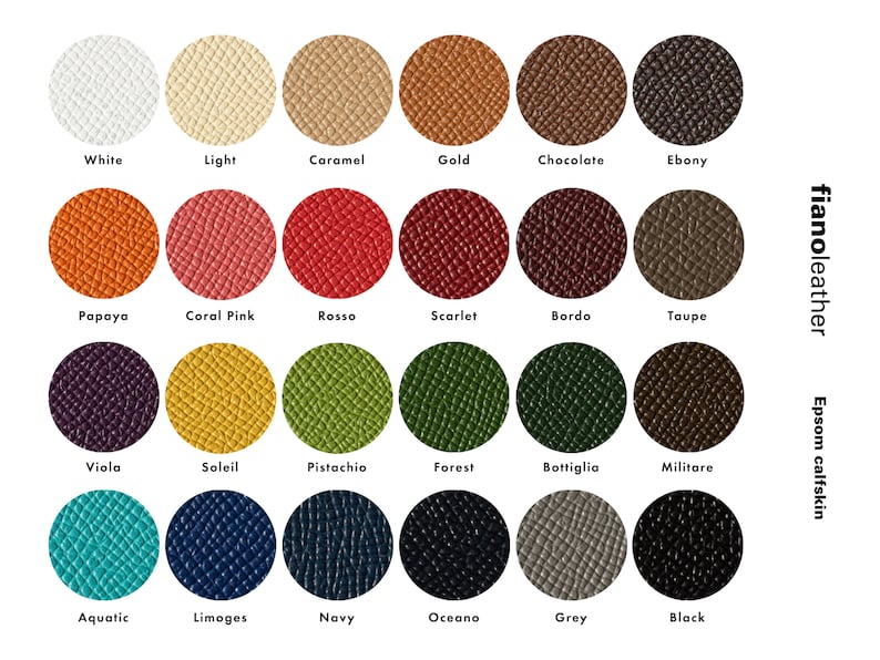 May include: A color chart of Epsom calfskin leather samples from fianoleather. The chart displays 24 circular swatches in various colors, including white, gold, red, green, and blue. Each swatch is labeled with its color name, such as "Ebony" and "Aquatic".