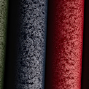May include: Close-up of four rolls of textured material in shades of green, navy blue, red, and brown. The material has a subtle, repeating pattern, suggesting a leather or similar fabric. The rolls are tightly wound, showcasing the material's texture.