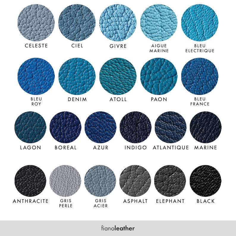 May include: A color chart of leather swatches in various shades of blue, gray, and black. The swatches are labeled with French names, such as Celeste, Ciel, Givre, Aigue Marine, Bleu Electrique, Bleu Roy, Denim, Atoll, Paon, Bleu France, Lagon, Boreal, Azur, Indigo, Atlantique, Marine, Anthracite, Gris Perle, Gris Acier, Asphalt, Elephant, and Black.