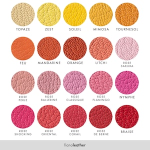 May include: A color chart of 15 different leather colors, with names in French below each color swatch. The colors range from light yellow to dark red.