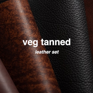 May include: Close-up of four different shades of brown leather, with the text "veg tanned leather set" in white.