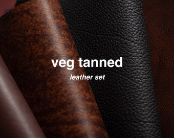 May include: Close-up of four different shades of brown leather, with the text "veg tanned leather set" in white.