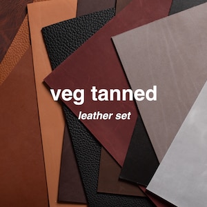 May include: A set of different colored leather pieces, all labeled "veg tanned leather set".