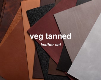 May include: A set of different coloured leather pieces, all labelled "veg tanned leather set".