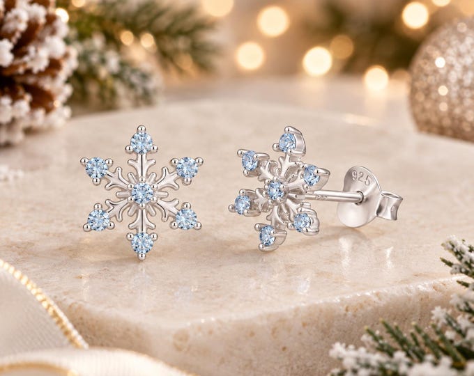 Silver Snowflake Stud Earrings, 925 Sterling Silver & Aqua Cubic Zirconia