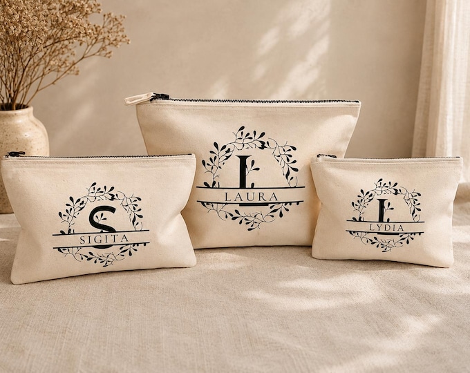 Featured listing image: Personalised Monogram Canvas Pouch, Custom Name Make Up Bag, Zipped Accessory Bag