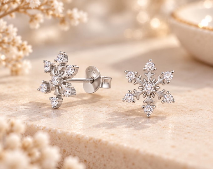 Silver Snowflake Stud Earrings, 925 Sterling Silver, Cubic Zirconia