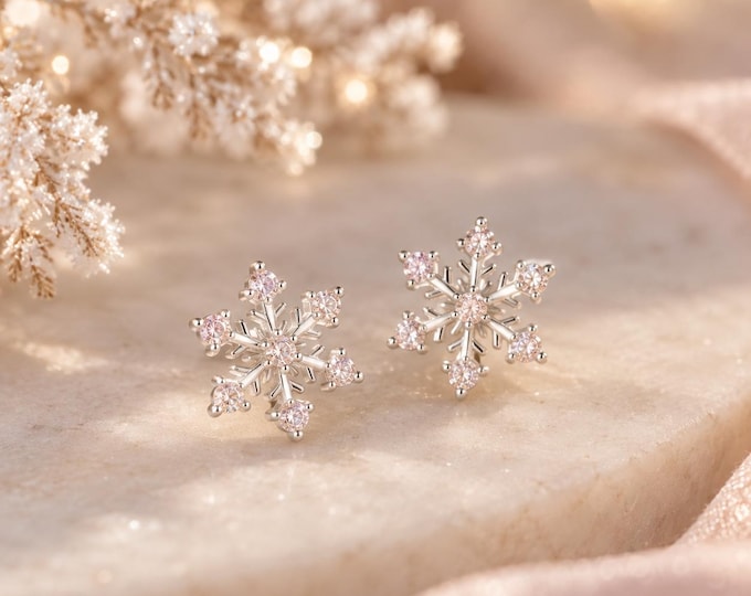 Sterling Silver CZ Snowflake Stud Earrings, Blush-Pink Sparkle, Winter Gift