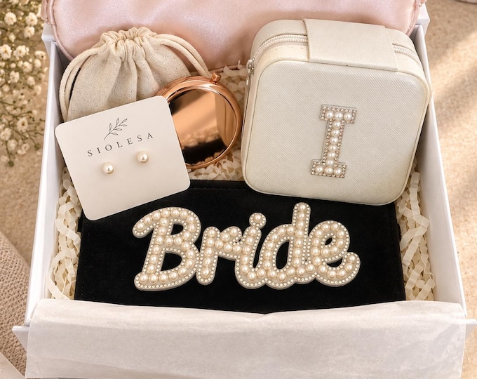 Featured listing image: Personalised Bride Gift Box, Pearl Initial Jewelry Case, Satin Sleep Mask, Rose-Gold Mirror