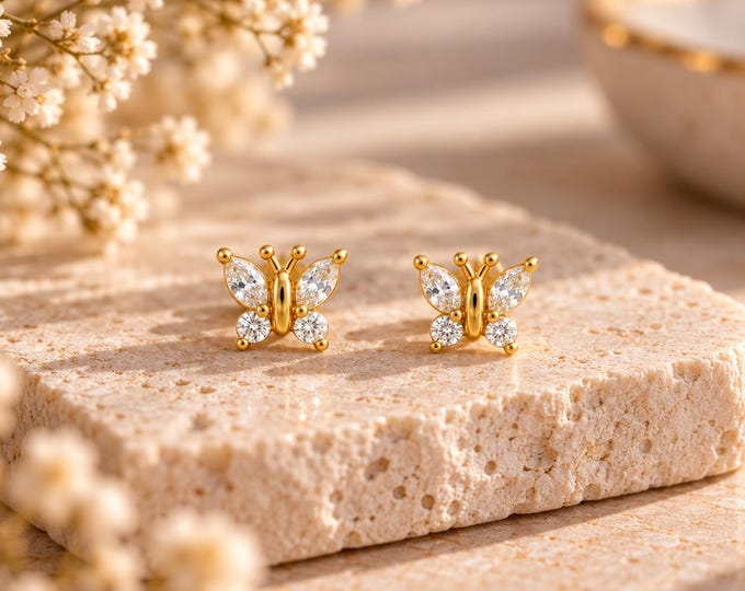 Gold Butterfly Stud Earrings, 925 Sterling Silver, Cubic Zirconia Jewellery