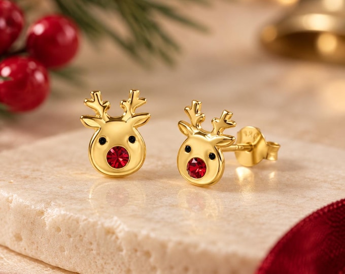 Gold Reindeer Stud Earrings, 925 Sterling Silver, Red Crystal Christmas Jewellery