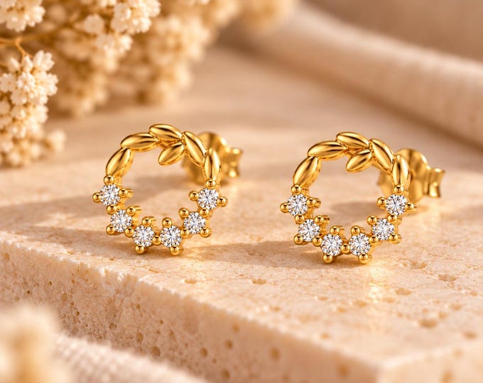 Gold Wreath Stud Earrings, 925 Sterling Silver, Cubic Zirconia
