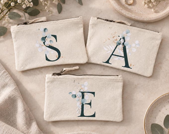 Personalised Floral Monogram Canvas Pouch, Custom Initial Makeup Bag (20x11.5cm)