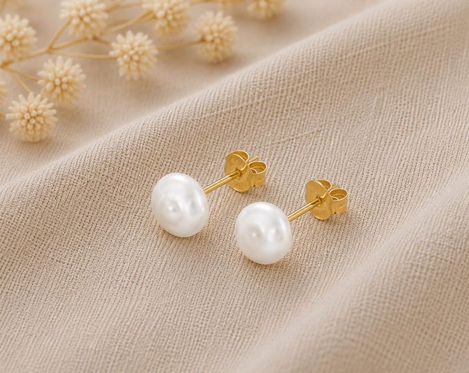 Charlotte Freshwater Pearl Stud Earrings | 24k Gold Plated Sterling Silver, 8mm Pearls
