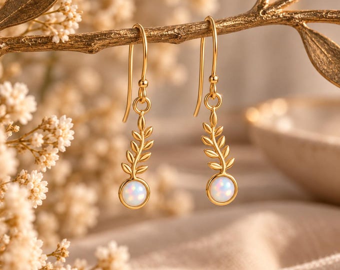 White Opal Leaf Drop Earrings, 925 Sterling Silver, Gold Plated Jewellery