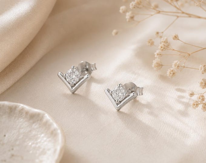Vera V Shape Diamond Stud Earrings, Lab Grown Sterling Silver, Dainty Minimalist Studs