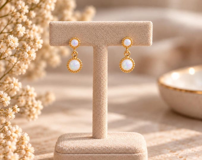 White Opal Drop Earrings, Gold Plated Sterling Silver, Opal Effect Jewellery