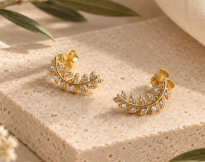 Gold Olive Leaf Stud Earrings, 925 Sterling Silver, Cubic Zirconia