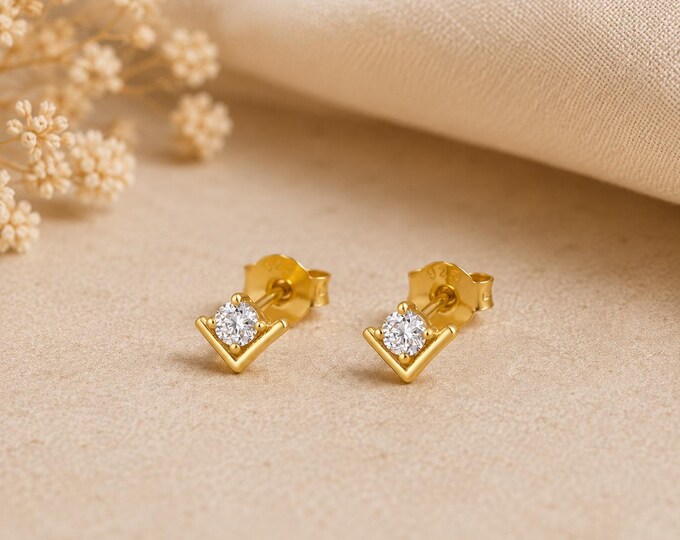 Vera V Shape Gold Diamond Stud Earrings, Lab Grown Sterling Silver, Dainty Studs