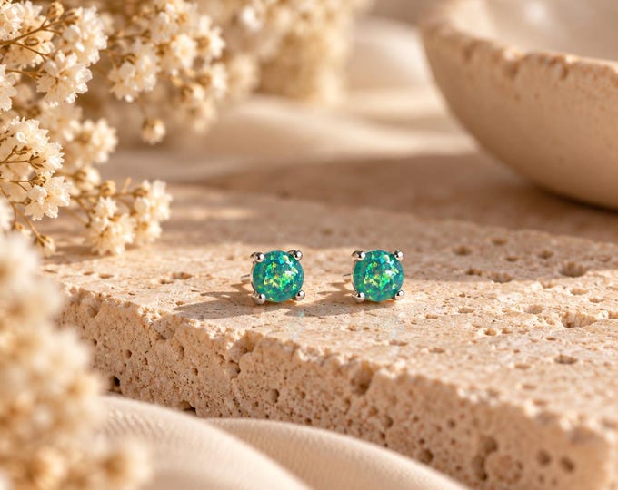 Green Opal Stud Earrings, 925 Sterling Silver, October Birthstone Jewellery