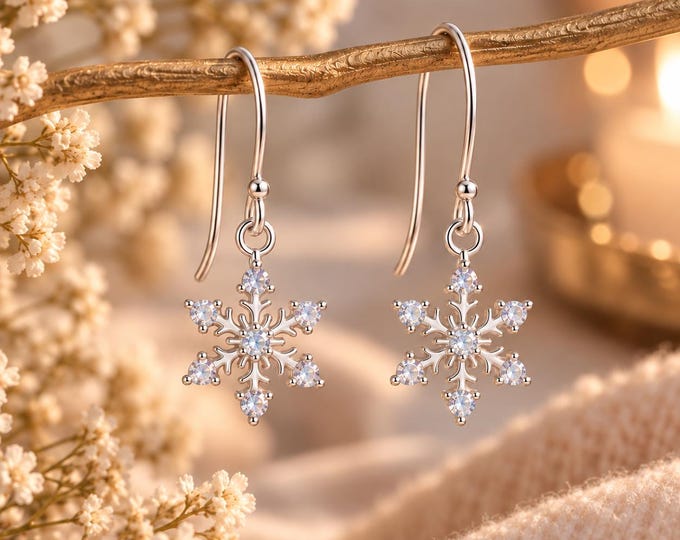 Silver Snowflake Drop Earrings, Pale Blue CZ, 925 Sterling Silver Winter Jewellery