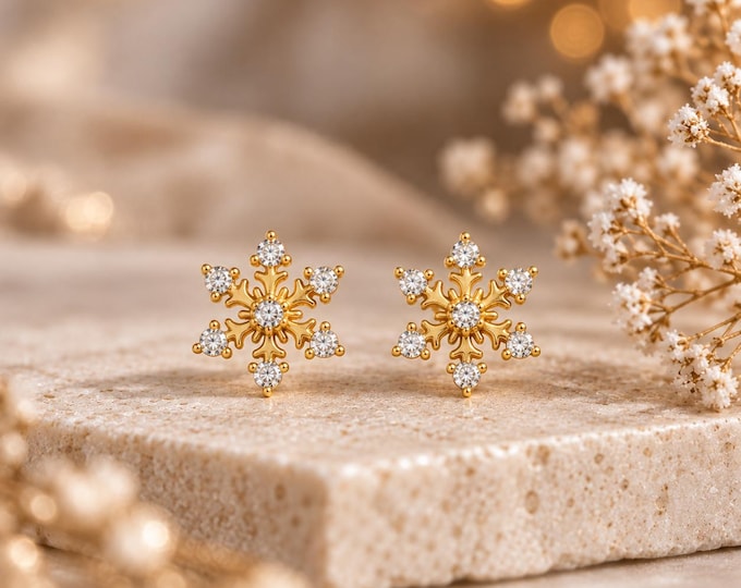 Gold Snowflake Stud Earrings, 925 Sterling Silver & Cubic Zirconia