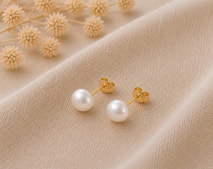 Amelia Freshwater Pearl Stud Earrings | Gold Plated Sterling Silver, 6mm Pearls