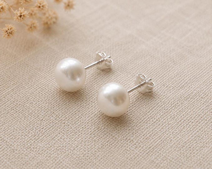 Alma Freshwater Pearl Stud Earrings | 10mm Pearls, 925 Sterling Silver