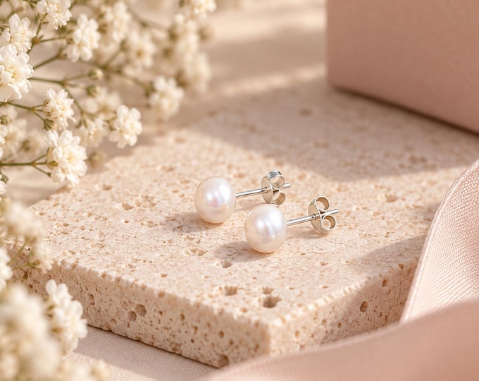 Thea Freshwater Pearl Stud Earrings | 925 Sterling Silver, 7mm Pearls