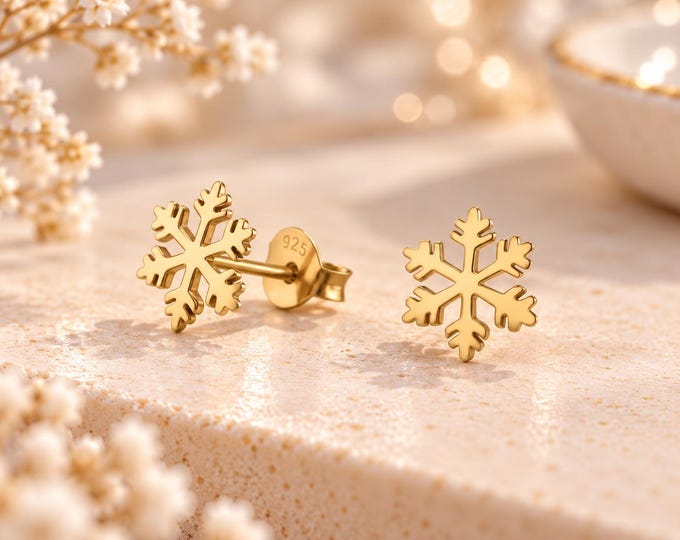 Gold Snowflake Stud Earrings, 925 Sterling Silver, Christmas Jewellery