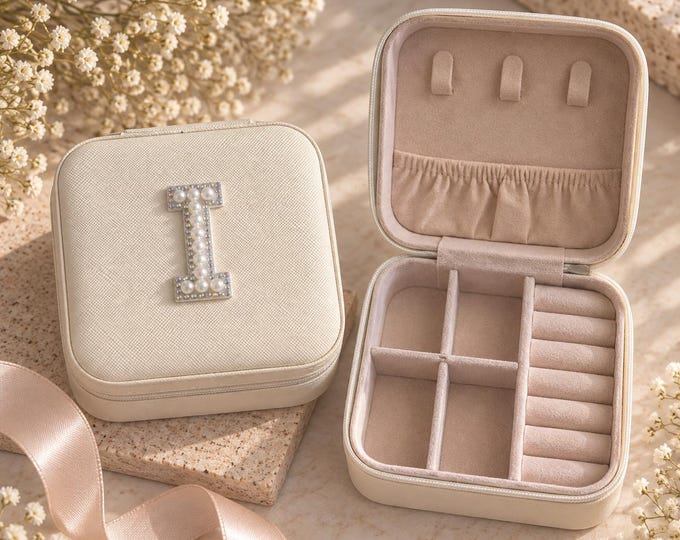 Personalised Initial Jewellery Box, Pearl Crystal Embellishment, Travel Case