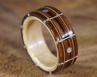 Bentwood Rosewood and Maple Fret Board Ring with Mother of Pearl Fret Markers and Two Guitar String Inlays