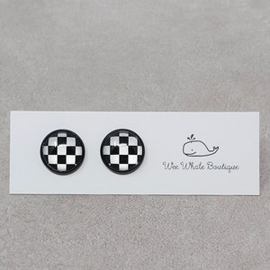 Black And White Checkered Stud Earrings, Checkered Flag Stud Earrings, Checkered Flag Earrings