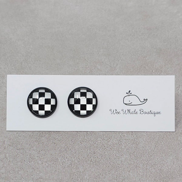Black And White Checkered Stud Earrings, Checkered Flag Stud Earrings, Checkered Flag Earrings