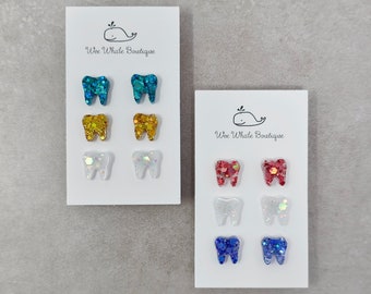 Glitter Resin Tooth Earring Bundle, Tooth Stud Earrings, Resin Teeth Earrings, Dental Hygienist Earrings, Dental Assistant Stud Earrings