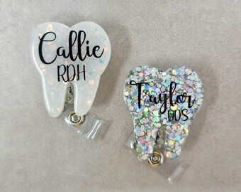 Glitter Tooth Badge Holder, Glitter Tooth Badge Holder, Personalized Tooth Badge Holder, Personalized Badge Reel, Glitter Tooth Name Tag