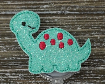 Mint And Raspberry Glitter Vinyl Dinosaur Badge Holder, Pediatric Badge Holder