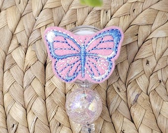Pink And Blue Monarch Butterfly Retractable Badge Reel, Butterfly Badge Holder, Nurse