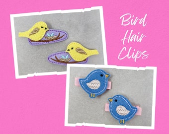 Pink And Blue Bird Hair Clips, Yellow And Lavender Bird Hair Clips, Bird Hair Barrettes,  Set of 2, Right and Left