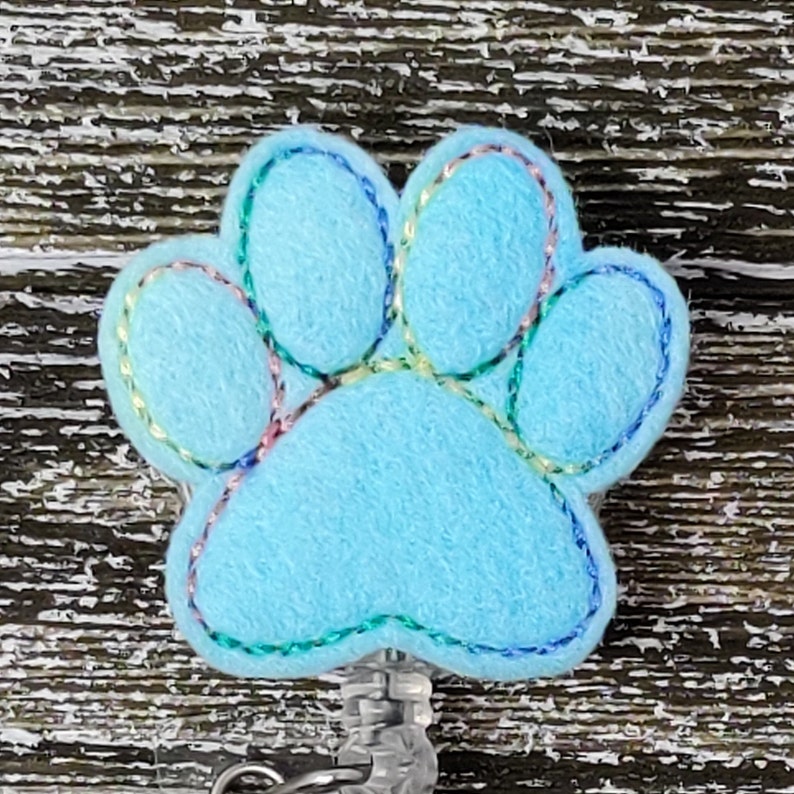 Aqua Felt Paw Print Retractable Badge Holder, Paw Print Badge Holder, Paw Print Badge Reel image 1