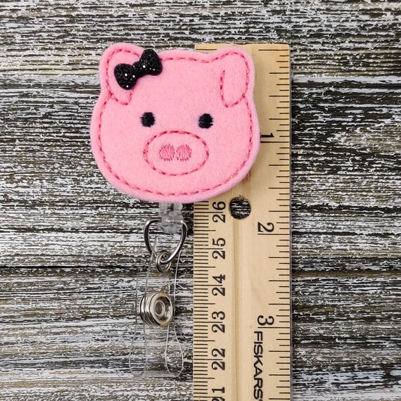 Pink Felt Pig with Sparkle Bow Retractable Badge Holder, Pediatric Badge Holder