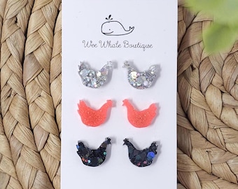 Glitter Resin Chicken Stud Earring Bundle, Black Chicken Stud Earrings, Chicken Earrings, Chicken Mom