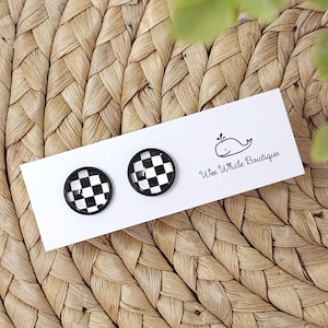 Pendientes de botón con bandera a cuadros en blanco y negro, pendientes a cuadros en blanco y negro, pendientes de carreras, pendientes de bandera a cuadros, pendientes de botón con bandera a cuadros