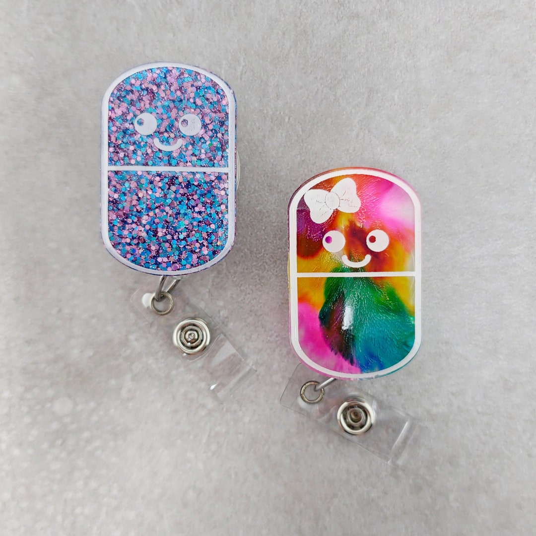 Glitter Resin Pill Retractable Badge Holder, Smiley Pill Badge Holder