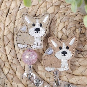 Beige And White Corgi Retractable Badge Holder | Beige And White Corgi Badge Holder | Corgi Badge Reel Topper | Interchangeable Badge Reel