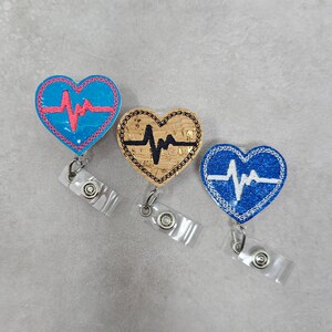 Blue Glitter Vinyl EKG Heart Retractable Badge Holder, Glitter EKG Heart Retractable Badge Reel, EKG Heart Badge Holder